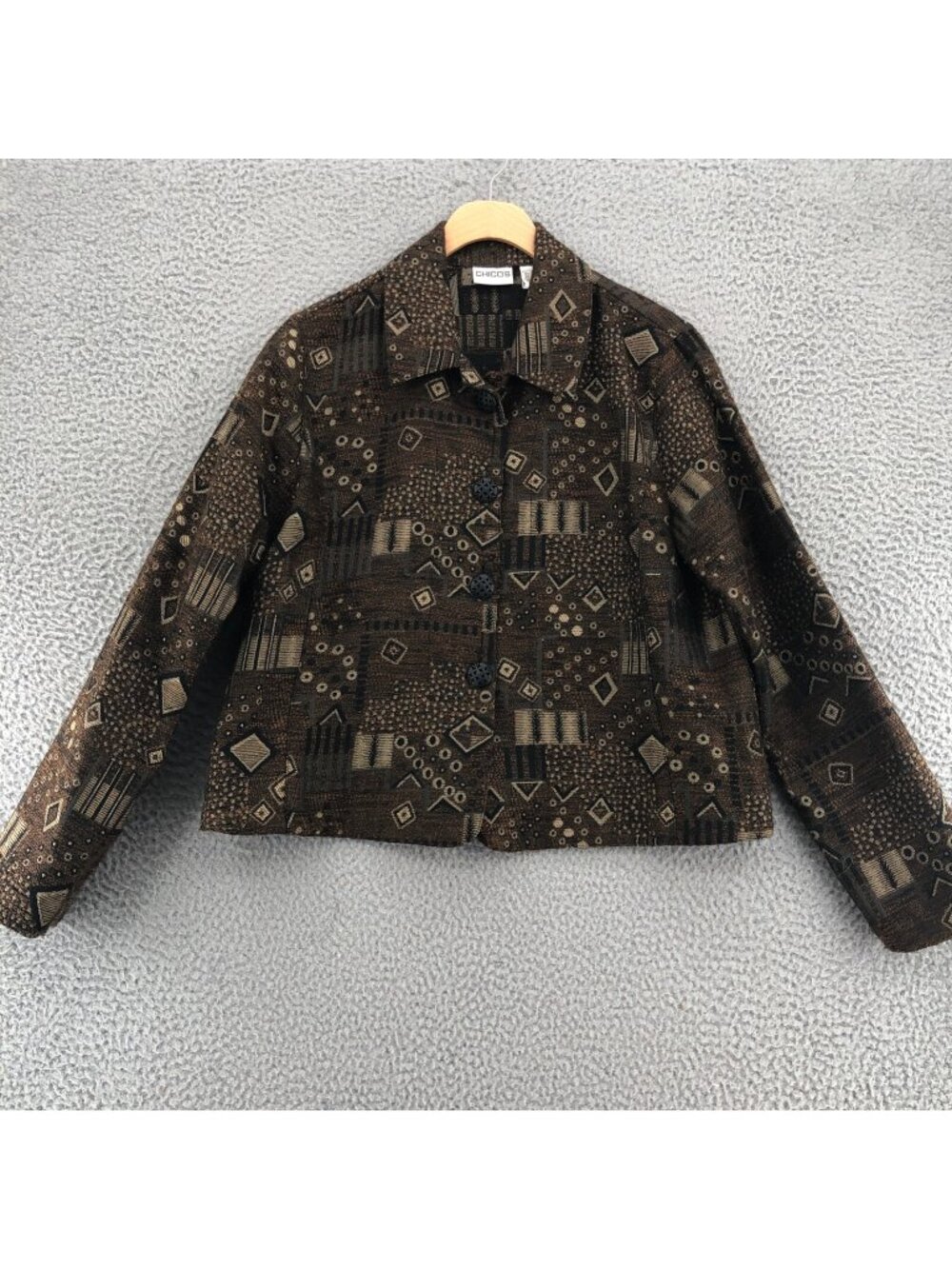 Chicos Blazer Womens 1 US Medium Brown Embroidered Pattern Button Up Collared